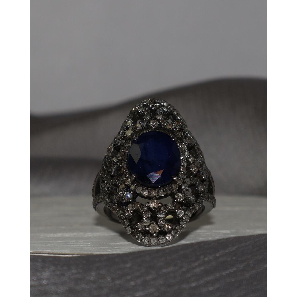 Vintage Sterling Silver Sapphire & Diamond Ring 7.3G / Sz 7
